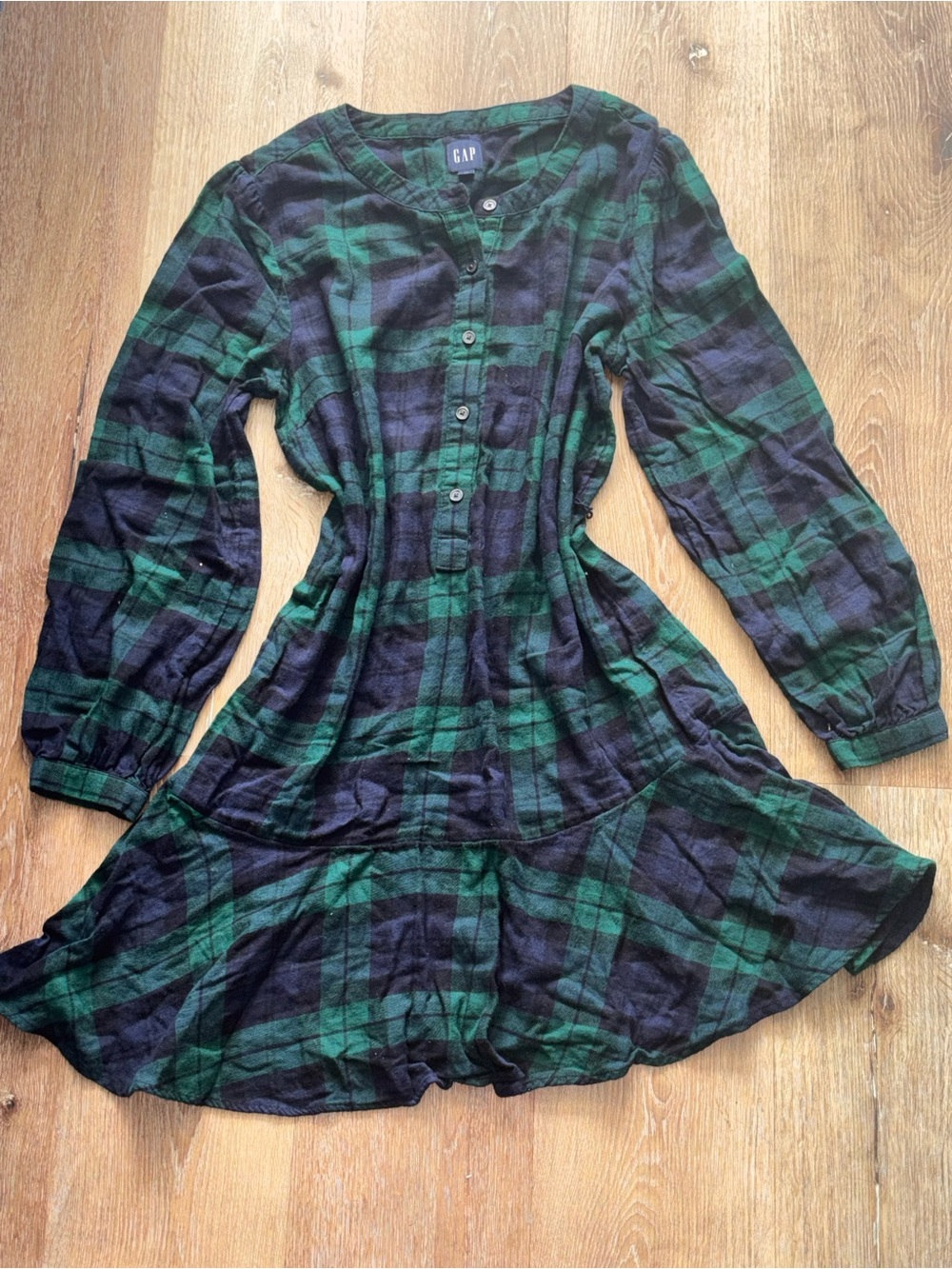 GAP Green and Blue Plaid Long-Sleeve Cotton Dress
